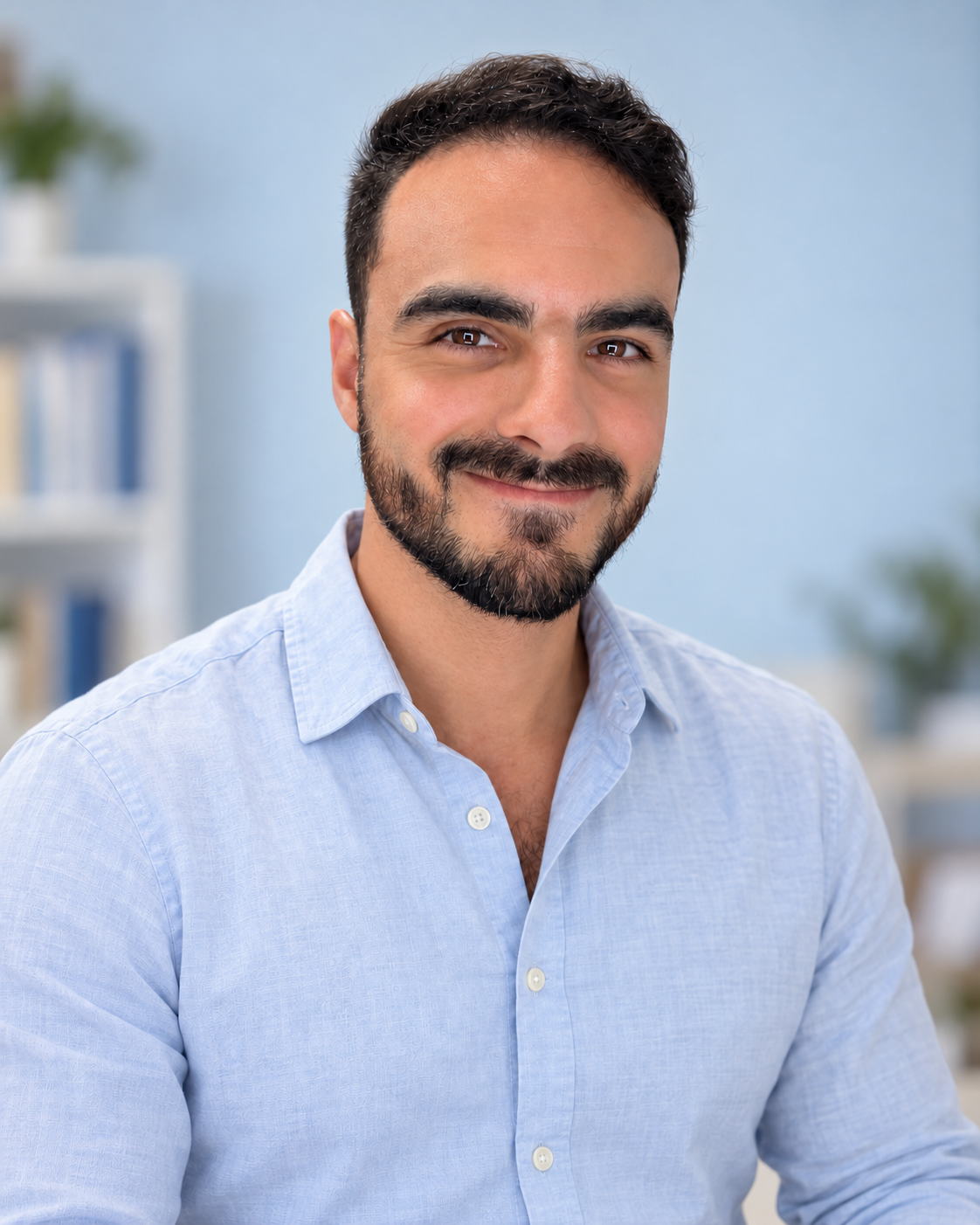 Nicolas smiling in a light blue shirt